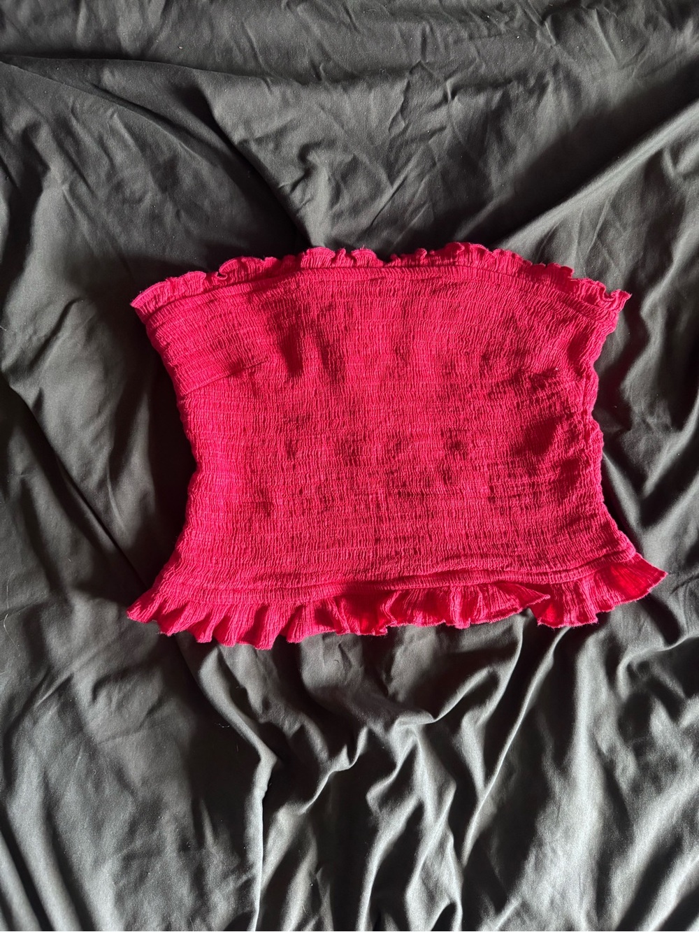 Women's red Smocked Tube Top with Ruffle Hem